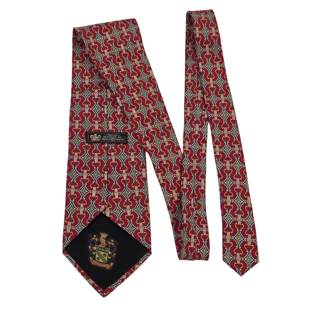 Paolo Gucci Mens Necktie Red Green Gold One Size Silk Woven Classic Chain Link